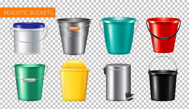 Realistic buckets transparent icon set