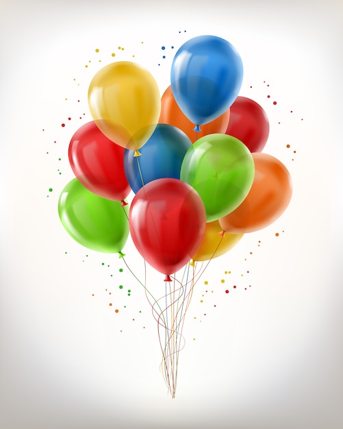 Free Vector realistic bunch of flying glossy balloons, multicolored, filled with helium