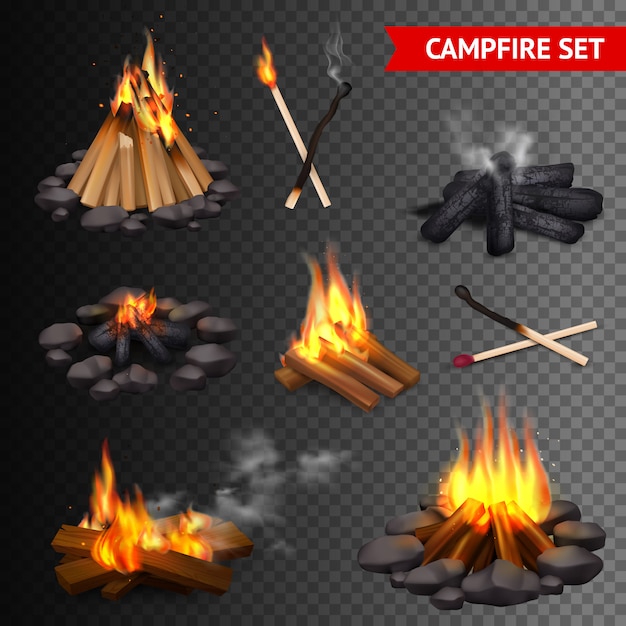 Free Vector realistic campfire transparent set