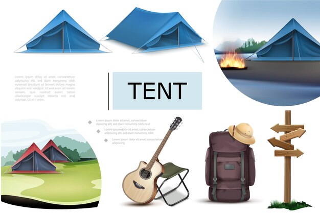 Realistic camping elements composition with blue tents bonfire guitar chair backpack wooden signboard cork hat