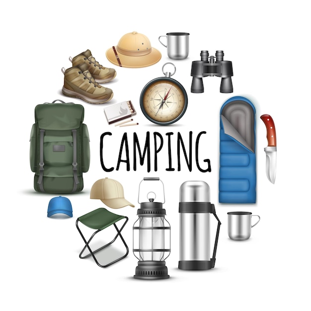 Realistic camping round concept with sleeping bag caps panama hat sneakers binoculars knife compass cup portable chair backpack matches thermos lantern isolated