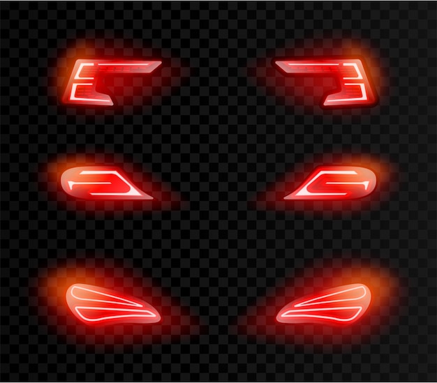 Free Vector realistic car back red lights in different shapes on transparent dark