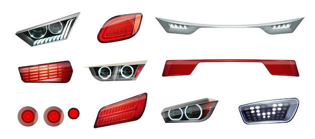 Free Vector realistic car headlights realistic icon set front and rear lights in red and white vector illustration