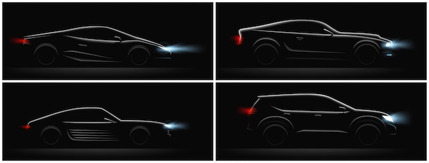 Free Vector realistic car silhouete dark set of four profiles with different car body and glowing running lights vector illustration