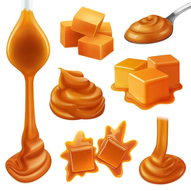 Free Vector realistic caramel candies icon set with creamy liquid and creamy drops of caramel