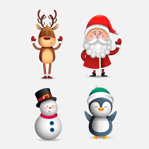 Realistic cartoon christmas characters set