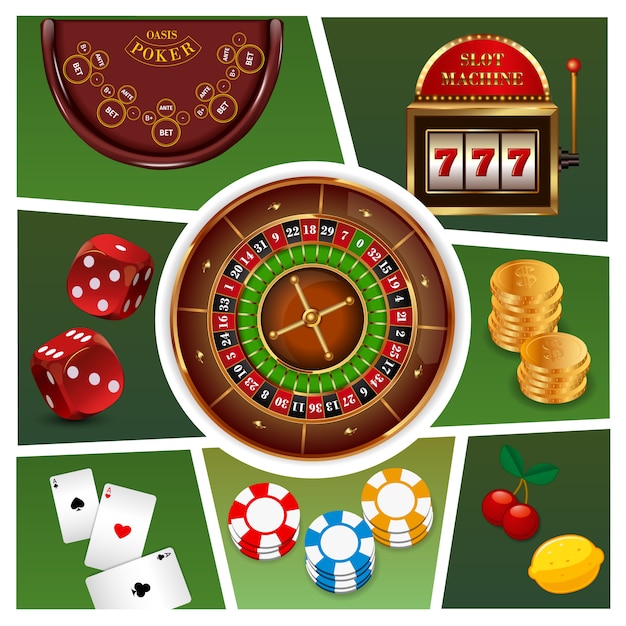 Free Vector realistic casino elements composition with roulette slot machine gold coins poker chips playing cards dices isolated