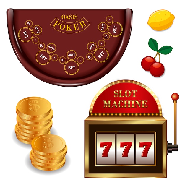 Free Vector realistic casino online games set with gold coins poker table slot machine cherry lemon isolated