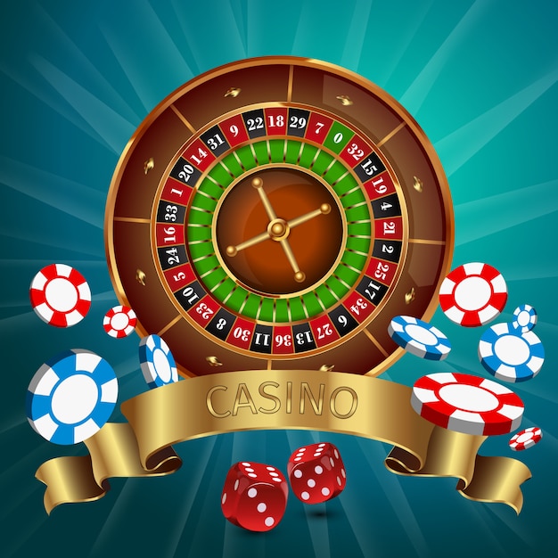 Realistic casino online games with golden ribbon and roulette on the top