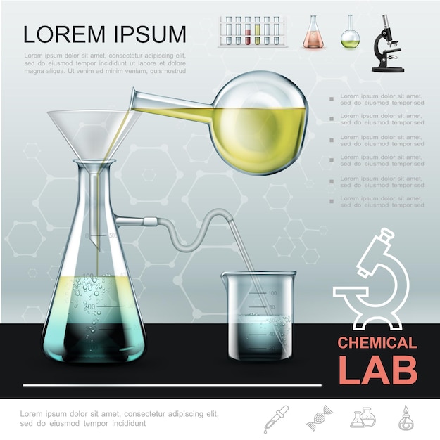 Realistic chemical experiment template with liquid pouring from bottle to glass flask and moving to beaker