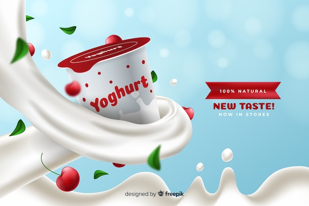 Realistic cherry yogurt advertisement