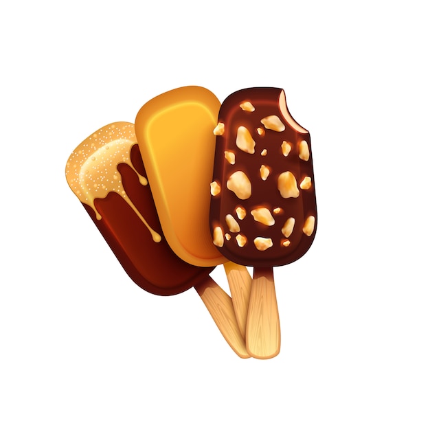 Free Vector realistic chocolate and caramel ice cream eskimo with topping and nuts on white background