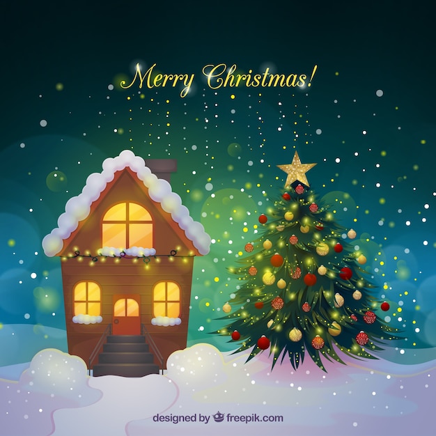 Realistic christmas background with a house and a christmas tree