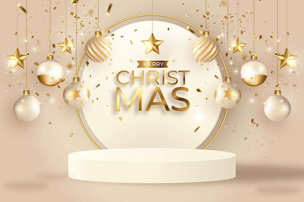 Free Vector realistic christmas background with ornaments and podium