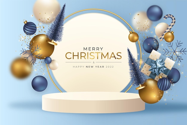 Free Vector realistic christmas background with ornaments and podium