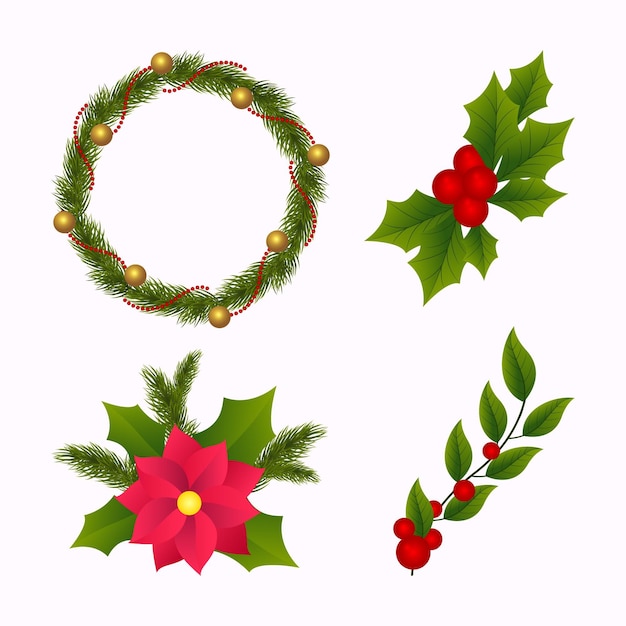 Realistic christmas flower and wreath collection