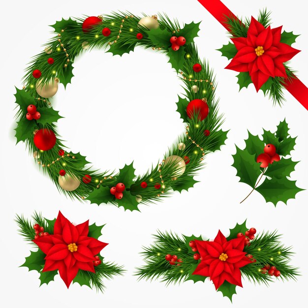 Realistic christmas flower & wreath collection