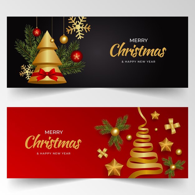 Realistic christmas horizontal banners set