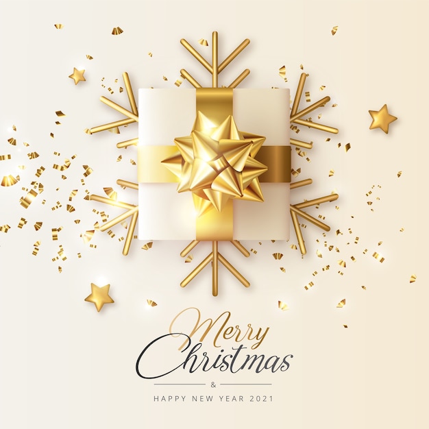 Realistic christmas and new year greeting card with golden present and snowflakes