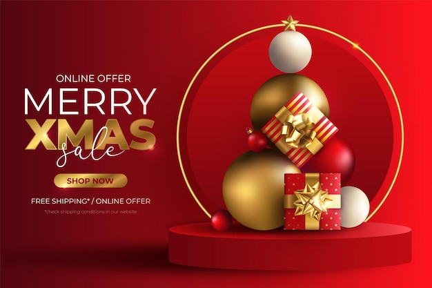 Free Vector realistic christmas sale background with ornaments and podium