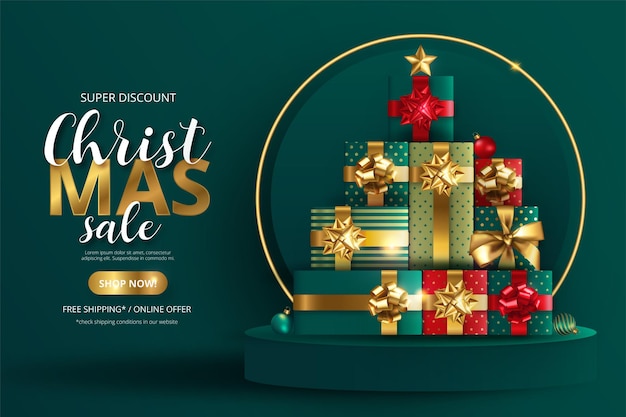 Free Vector realistic christmas sale background with ornaments and podium