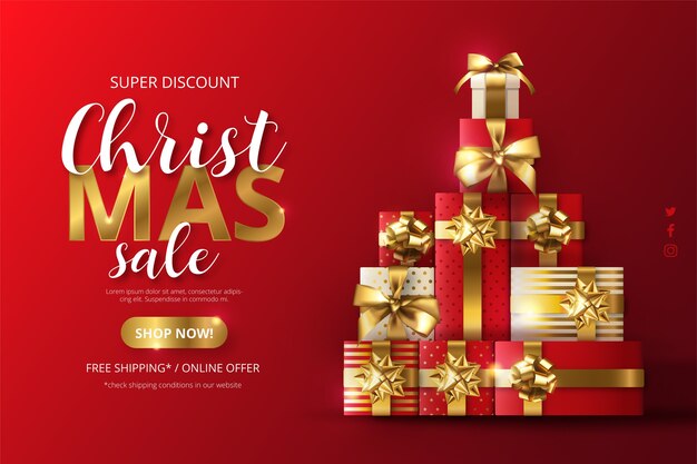 Realistic christmas sale background with tree made of presents