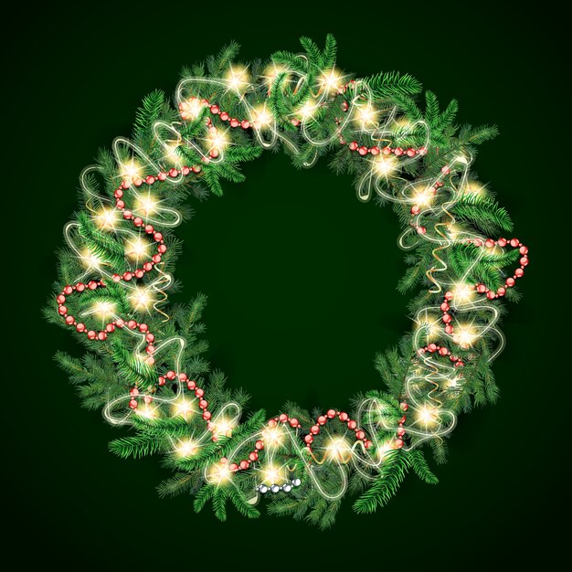 Realistic christmas wreath with lights