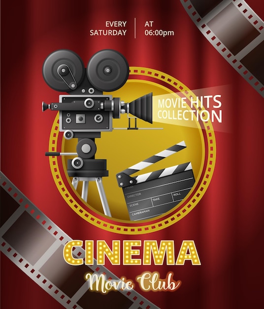 Free Vector realistic cinema movie club poster template with camcorder clapper tapes on red curtain background vector illustration