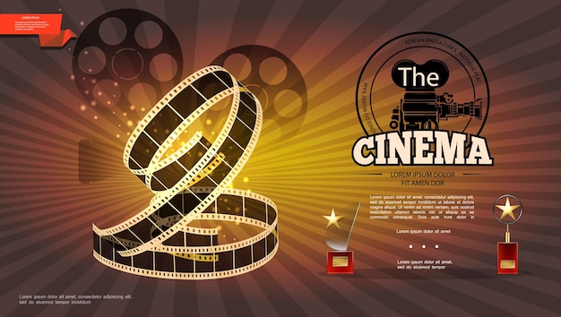 Realistic cinematography bright with film reels camera filmstrip and cinema awards illustration