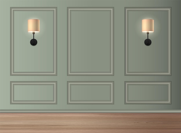 Free Vector realistic classic interior with two glowing modern lamps on wall vector illustration