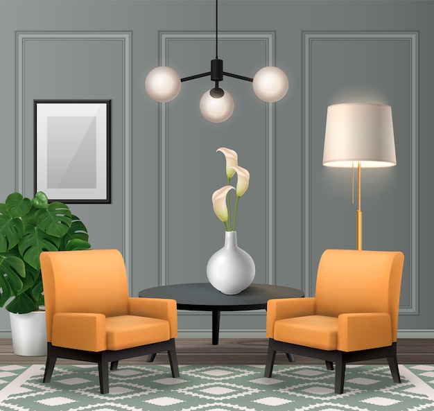 Free Vector realistic classic living room interior with hanging lamp wall panels and orange armchairs vector illustration