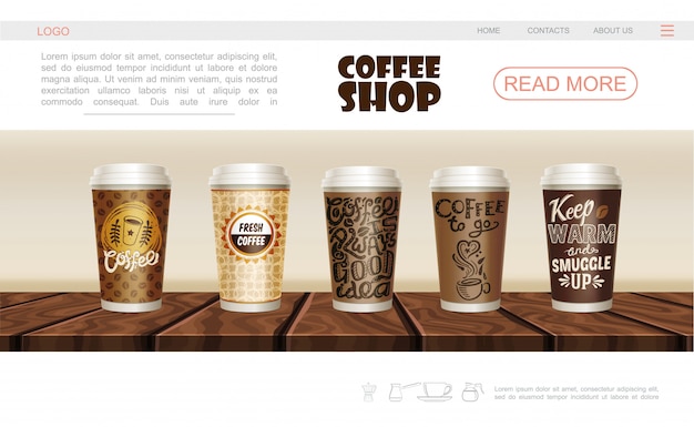 Free Vector realistic coffee shop web page template with paper and plastic cups of hot drink on wooden counter 