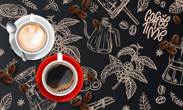 Realistic coffee time background with coffee cup