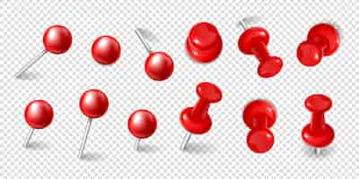 Free vector realistic collection of different red office pushpins at transparent background isolated vector illustration