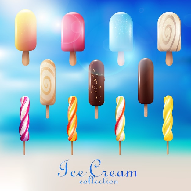 Free Vector realistic colorful ice cream set with popsicles and eskimo varieties on light blue