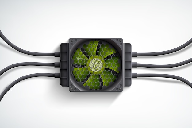 Free vector realistic computer cooler with green fan and black wires design concept on white