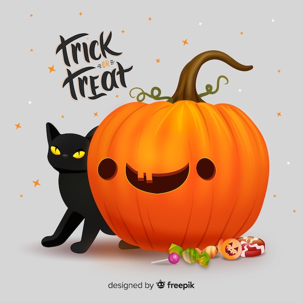 Free Vector realistic cute halloween pumpkin with cat