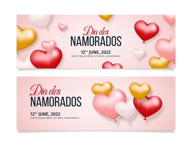 Realistic dia dos namorados horizontal banners collection