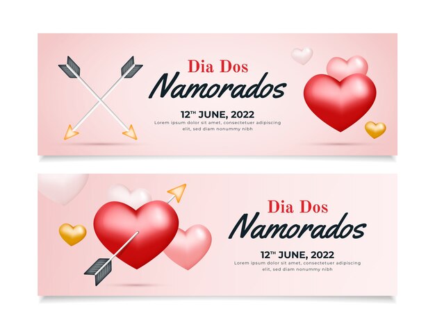 Realistic dia dos namorados horizontal banners collection