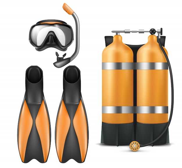 Free vector realistic diver equipment set, snorkeling mask with snorkel, orange aqua lung and flippers