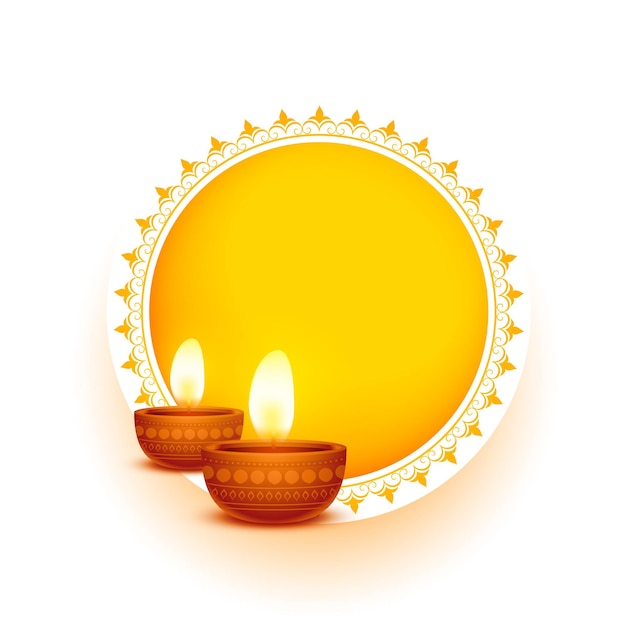 Free vector realistic diwali diya on yellow decorative frame with text space