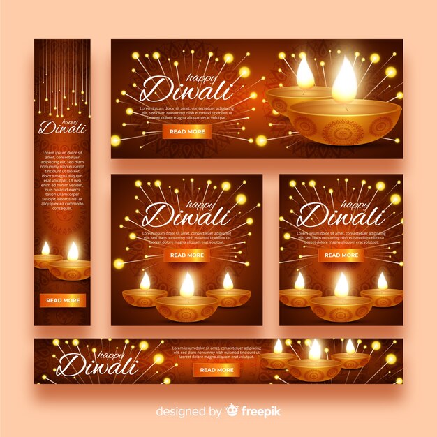 Realistic diwali web banners with candles