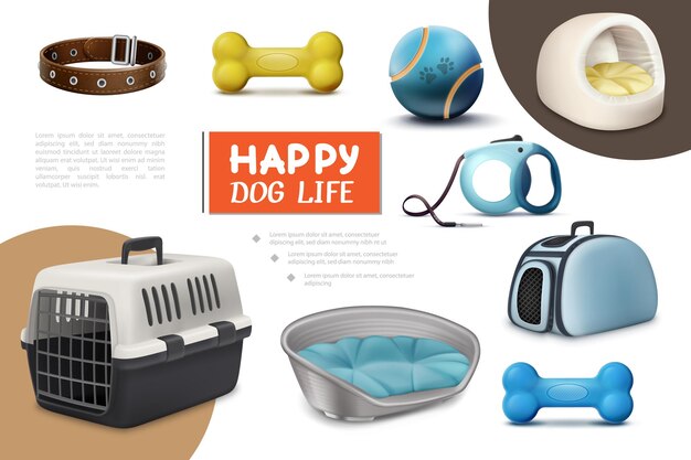 Realistic dog items composition with travel carrier leash puppy beds bones collar ball