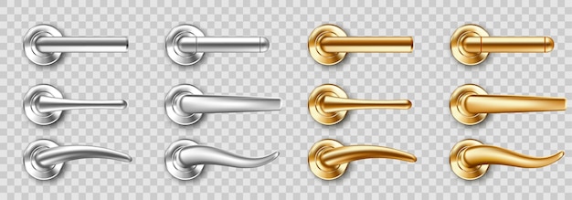 Realistic door handles set, golden and silver knobs of different shapes. Shiny gold and steel modern metal doorknobs, design elements for interior isolated on transparent background 3d icons