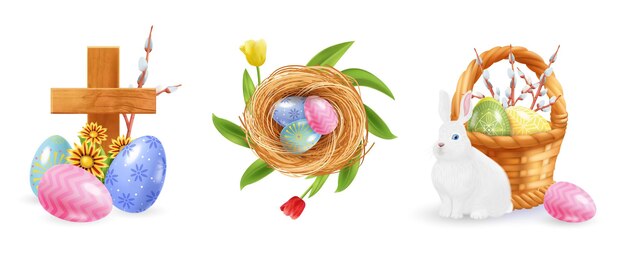 Realistic easter set with three isolated compositions of colored egg icons wooden cross nest and basket vector illustration