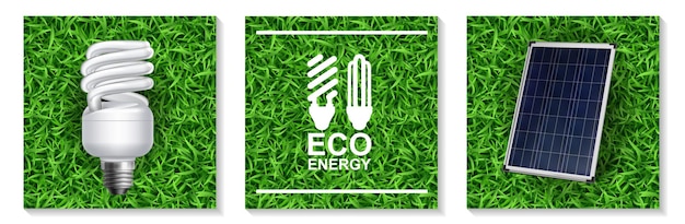 Free vector realistic eco energy modern concept with energy saving lamp and solar panel on grasss illustration