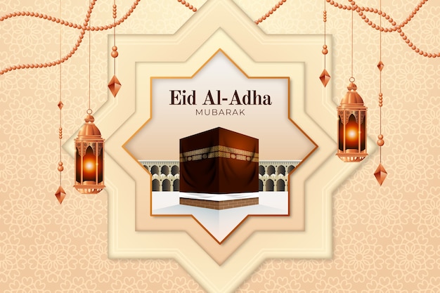 Realistic eid al-adha background with lanterns and mecca