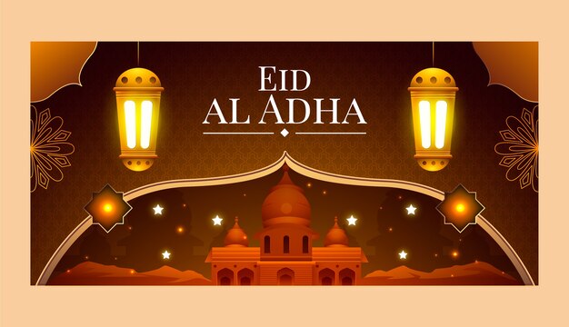 Realistic eid al-adha horizontal banner template with lanterns and palace