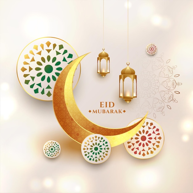 Free vector realistic eid mubarak wishes card with crescent moon