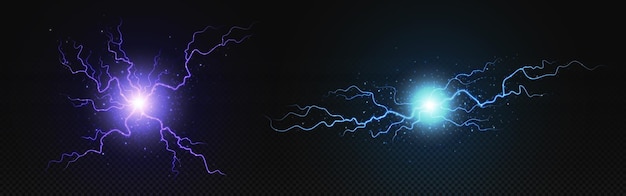 Free Vector realistic electric ball with lightning circle bolt explosion effect blue and purple energy flash or thunder storm light vector illustration set of electricity power plasma with flare and flame